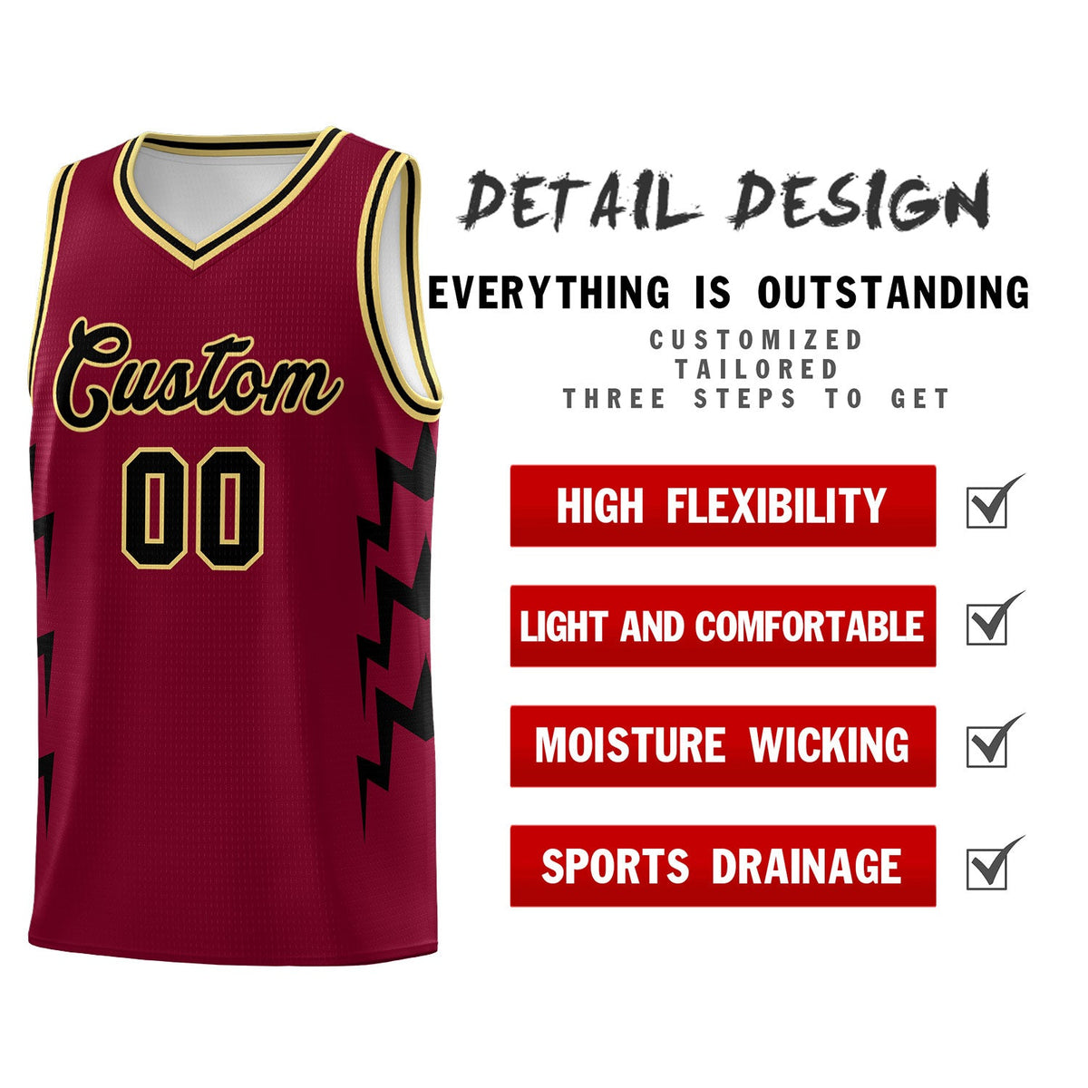 Custom Crimson Side Lightning Pattern Sports Uniform Basketball Jersey Limited