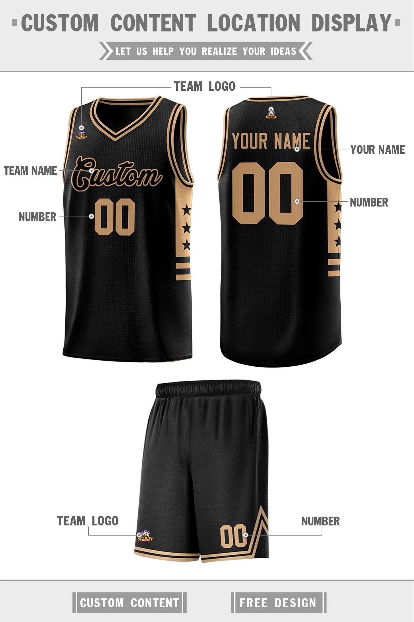 Custom Black Old Gold Personalized Star Pattern Sports Uniform Basketball Jersey Limited