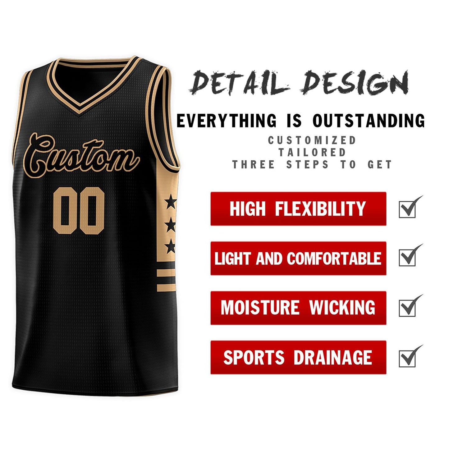 Custom Black Old Gold Personalized Star Pattern Sports Uniform Basketball Jersey Limited