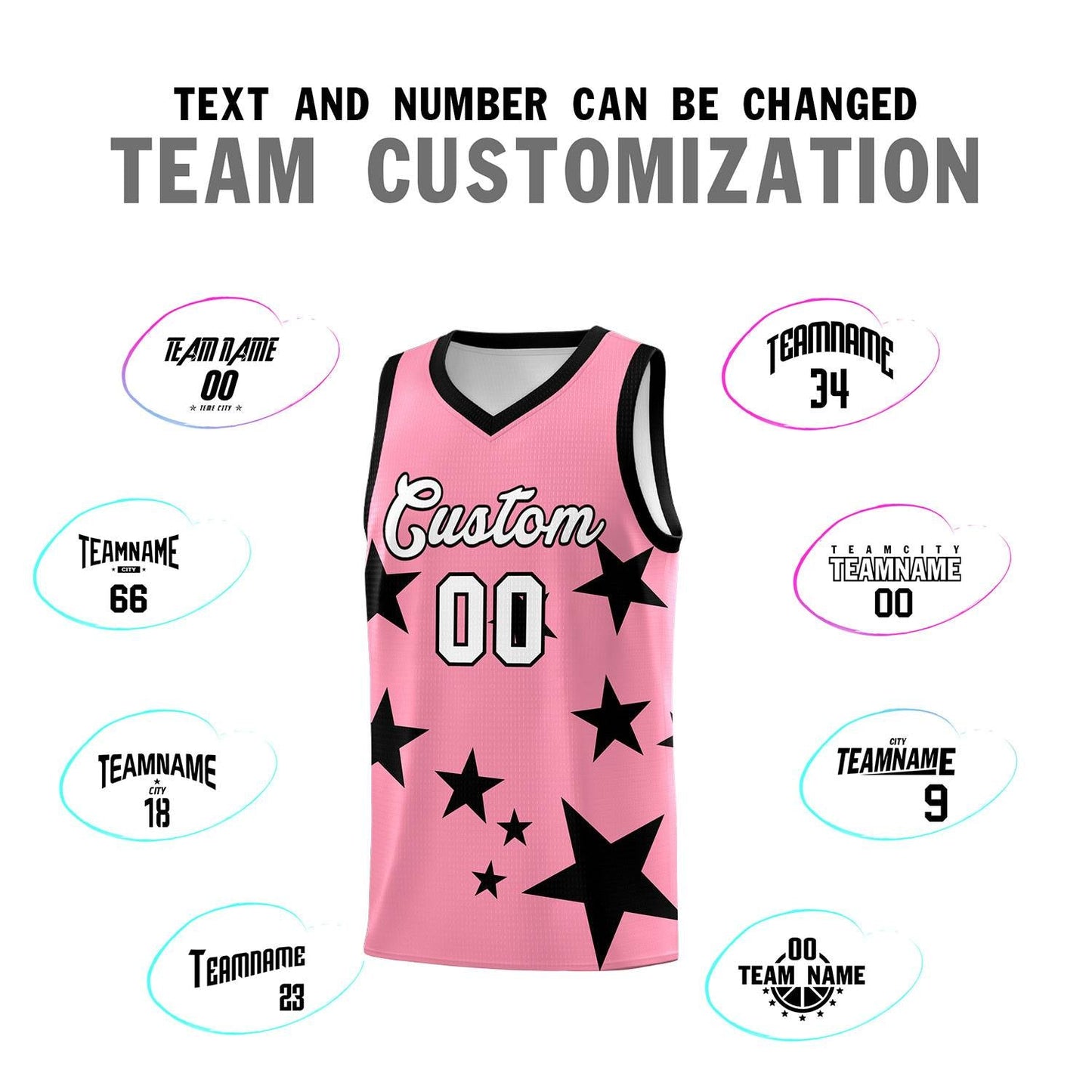 Custom Light Pink Black Graffiti Pattern Star Print Basketball Jersey Sets Limited