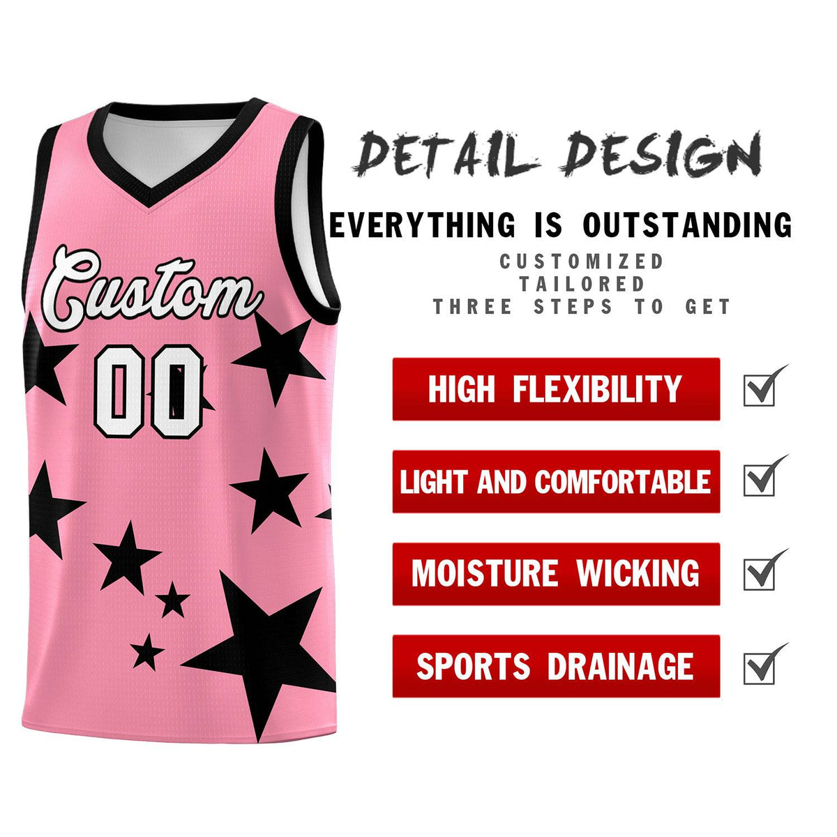 Custom Light Pink Black Graffiti Pattern Star Print Basketball Jersey Sets Limited