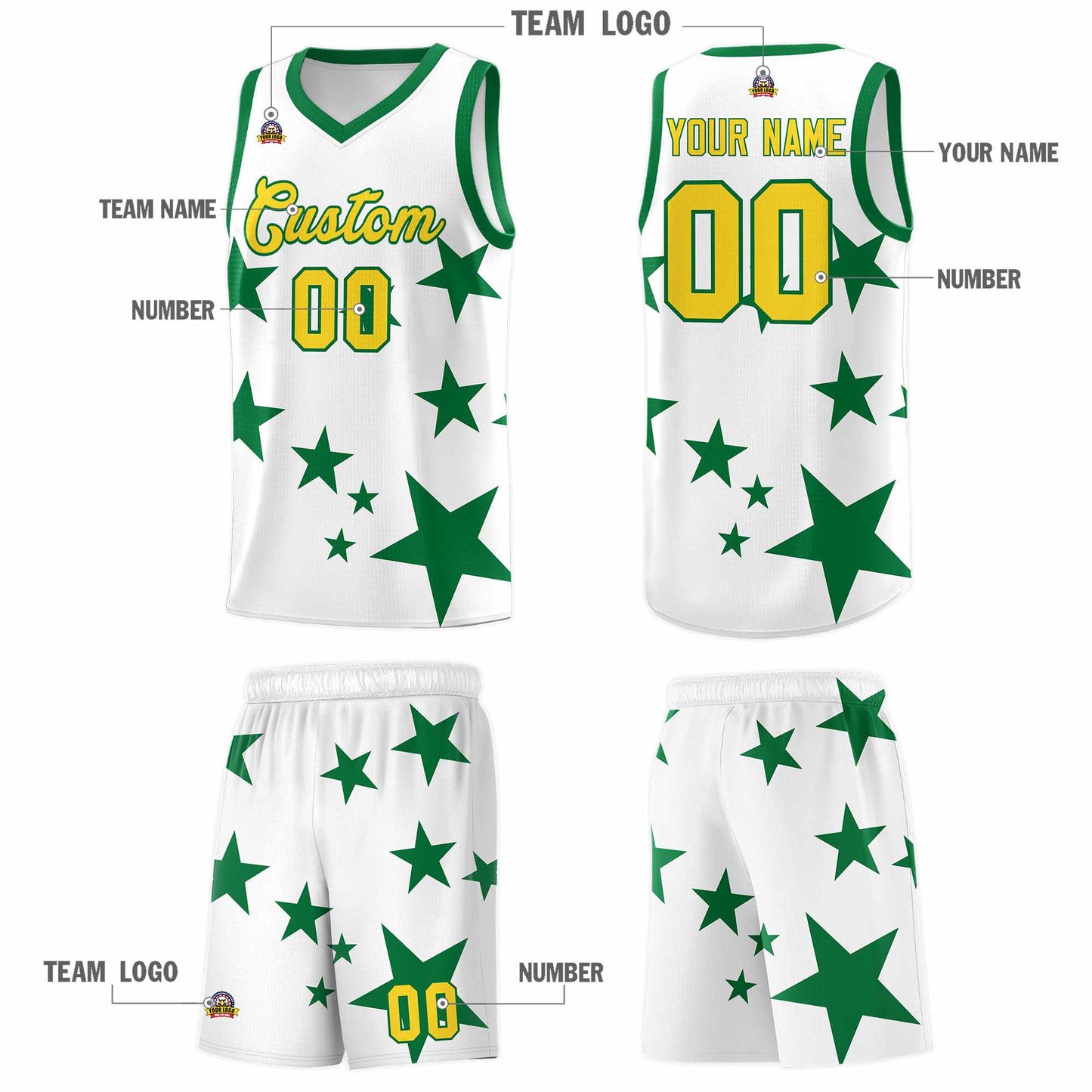 Custom White Kelly Green Graffiti Pattern Star Print Basketball Jersey Sets Limited