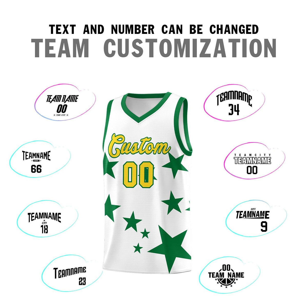 Custom White Kelly Green Graffiti Pattern Star Print Basketball Jersey Sets Limited