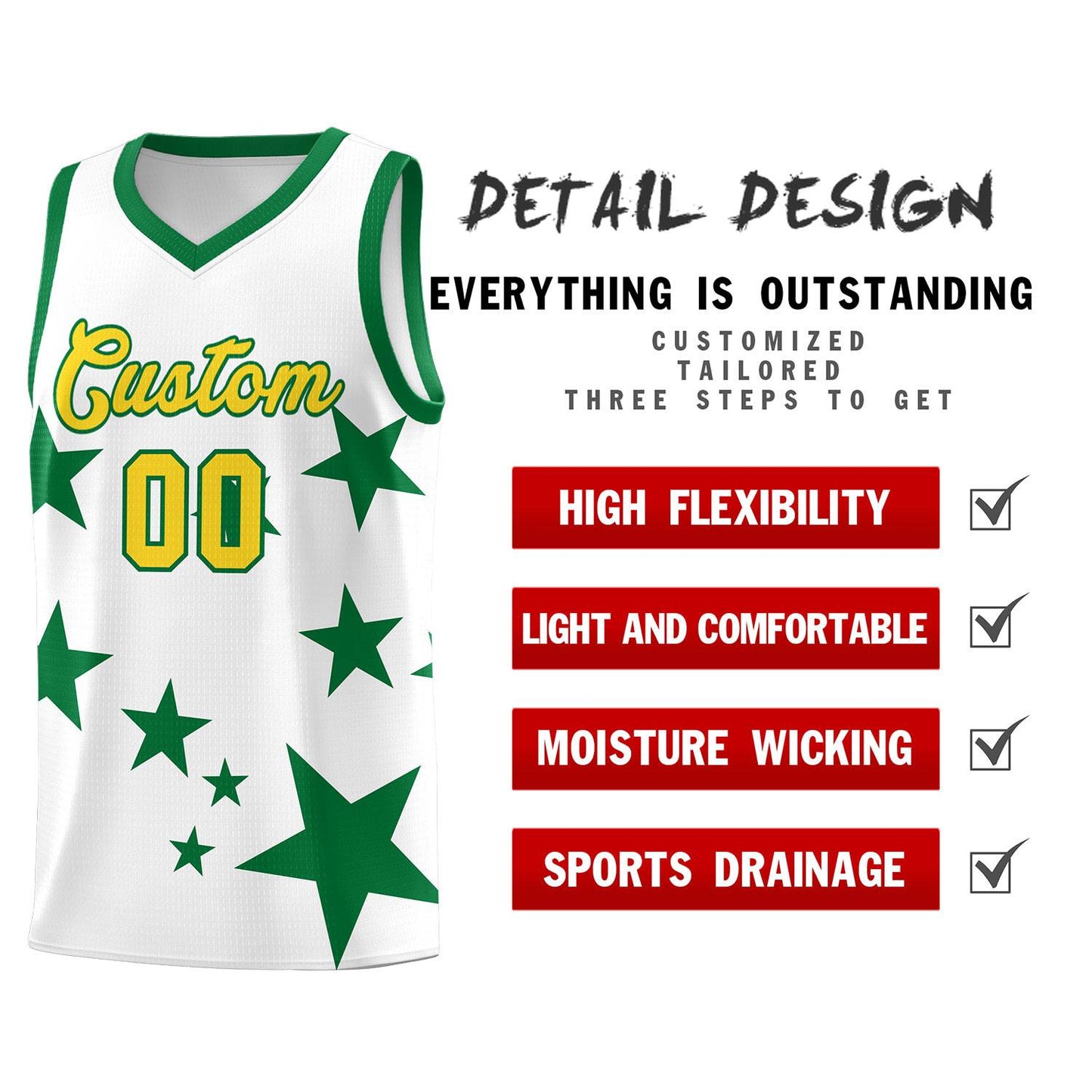 Custom White Kelly Green Graffiti Pattern Star Print Basketball Jersey Sets Limited