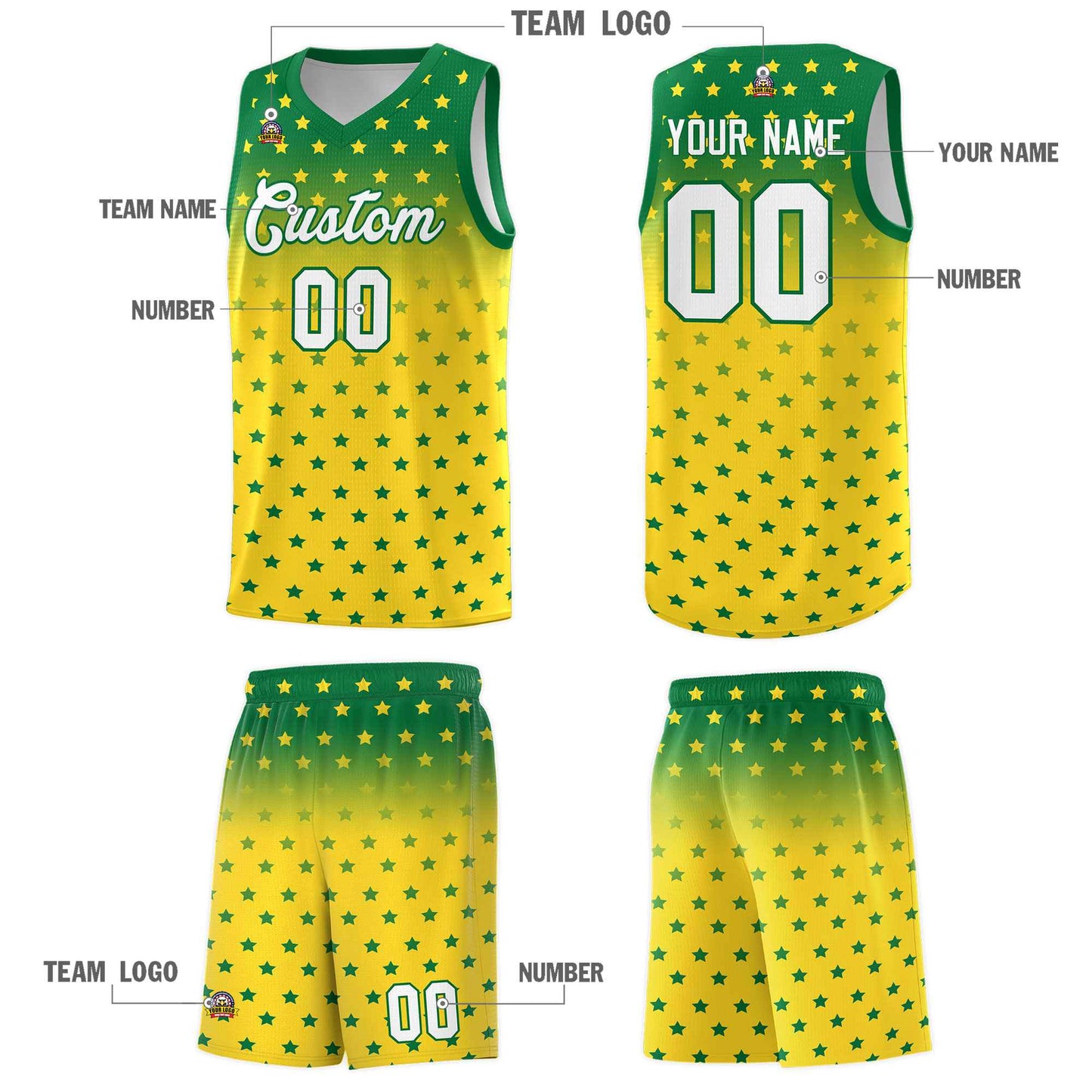 Custom Kelly Green Gold Gradient Start Pattern Basketball Jersey Sets Limited