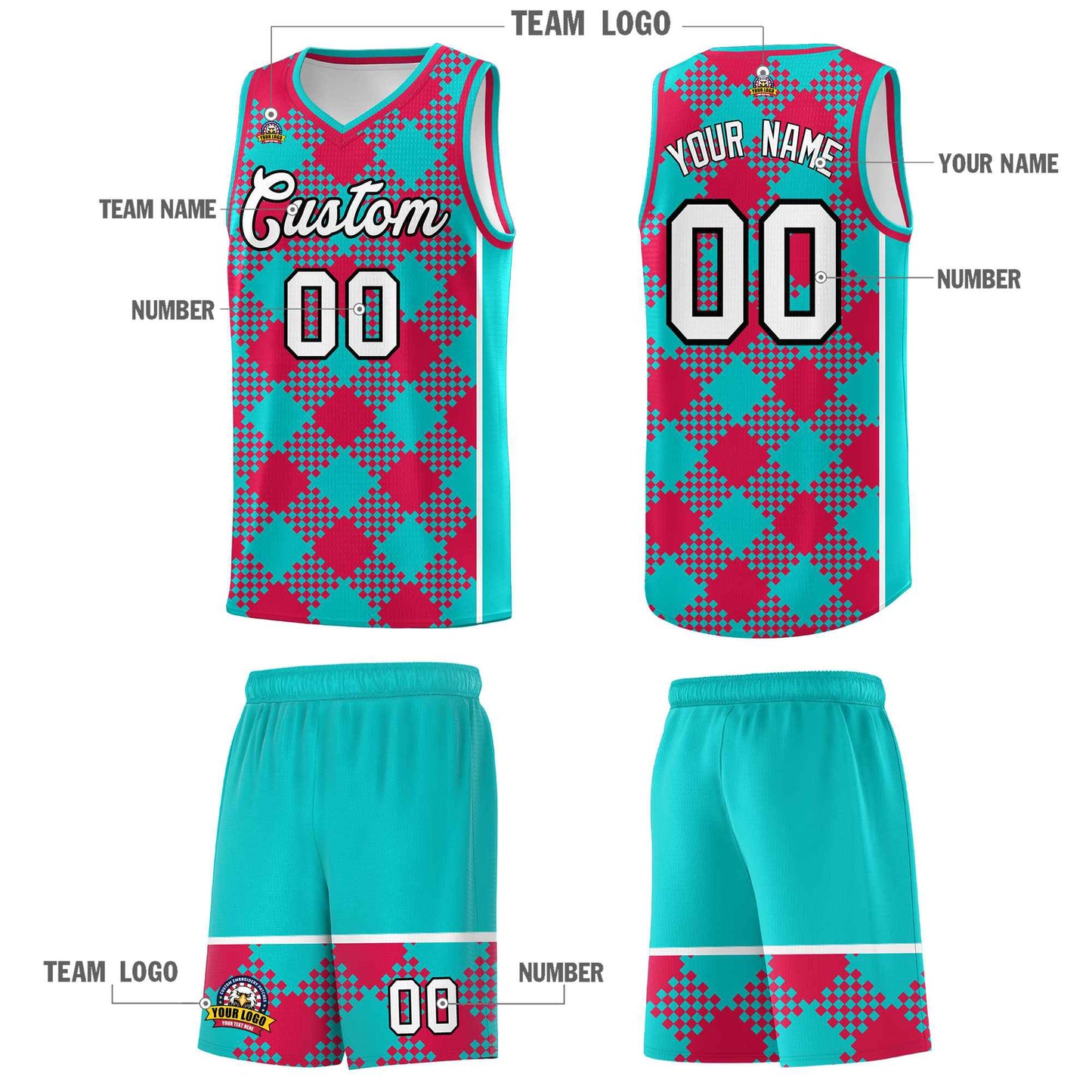 Custom Aqua Red-White Grid Basketball Kits For Team Limited