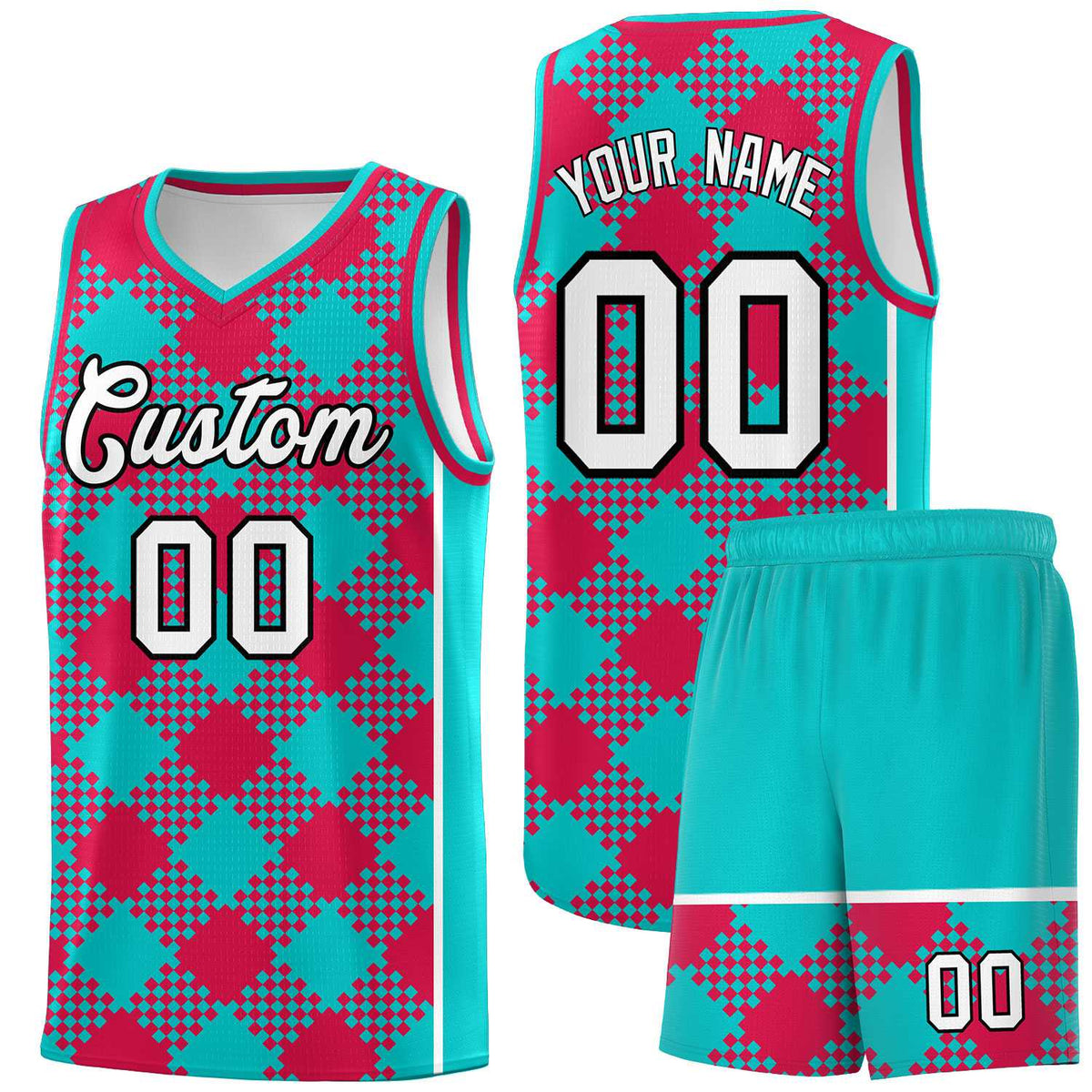 Custom Aqua Red-White Grid Basketball Kits For Team