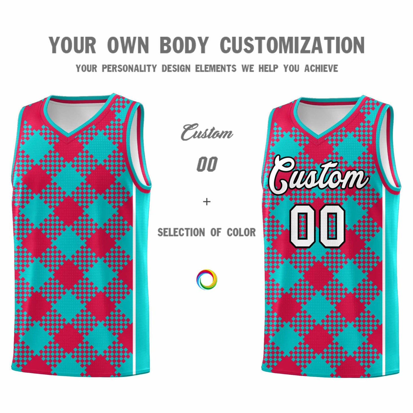 Custom Aqua Red-White Grid Basketball Kits For Team Limited