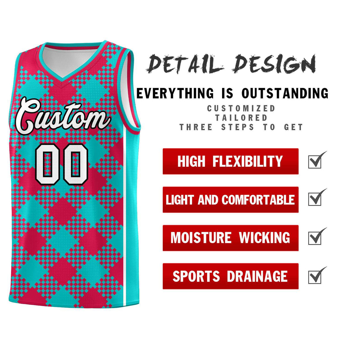 Custom Aqua Red-White Grid Basketball Kits For Team Limited