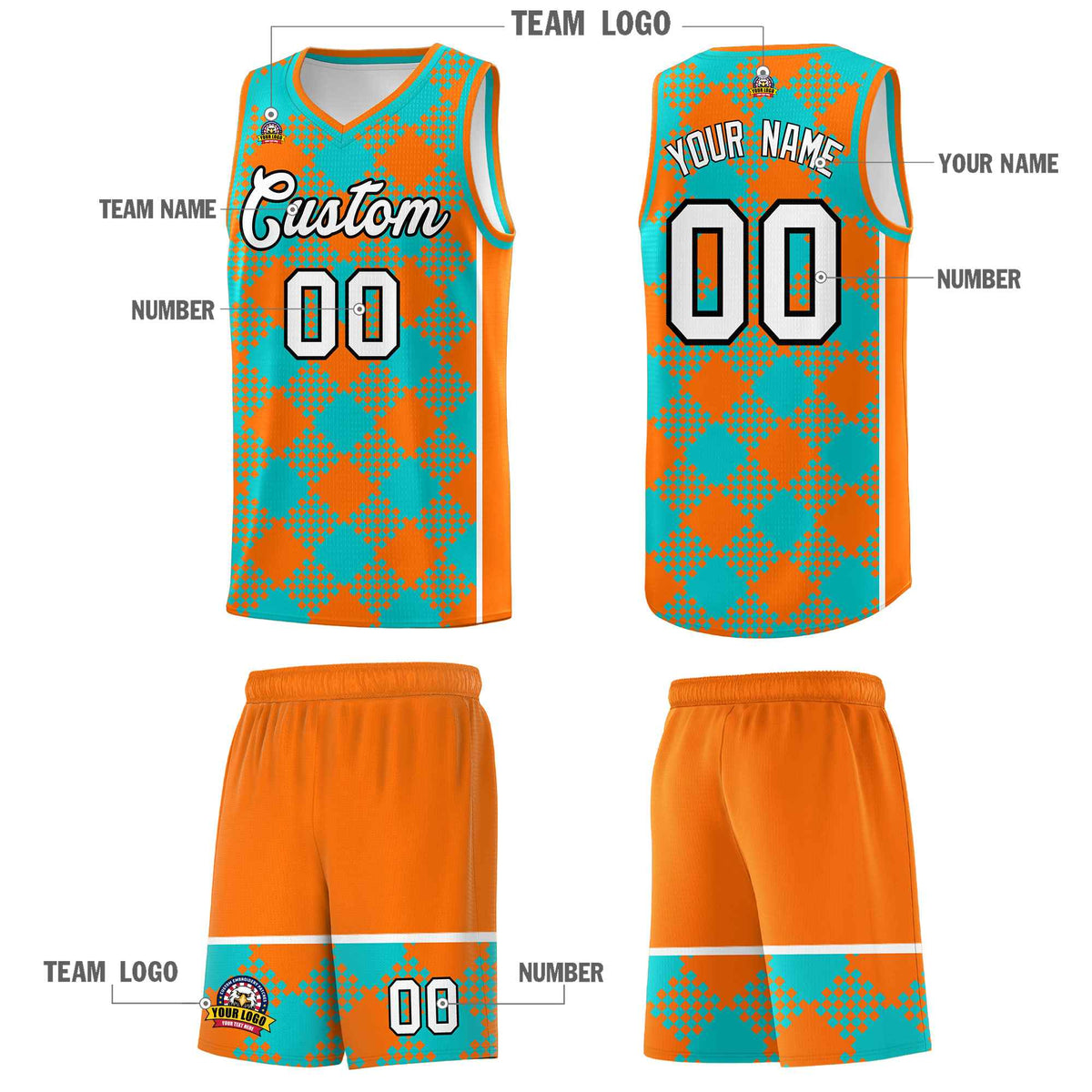Custom Aqua Orange-White Grid Basketball Kits For Team Limited