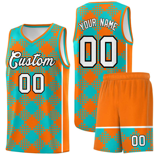 Custom Aqua Orange-White Grid Basketball Kits For Team