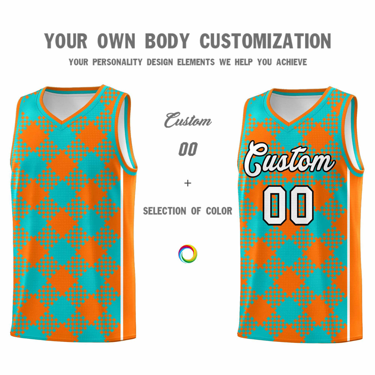 Custom Aqua Orange-White Grid Basketball Kits For Team Limited