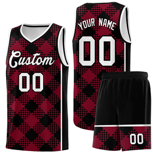 Custom Crimson Black-White Grid Basketball Kits For Team
