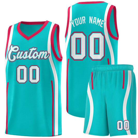 Custom Aqua Red-White Ribbon Pattern Basketball Kits
