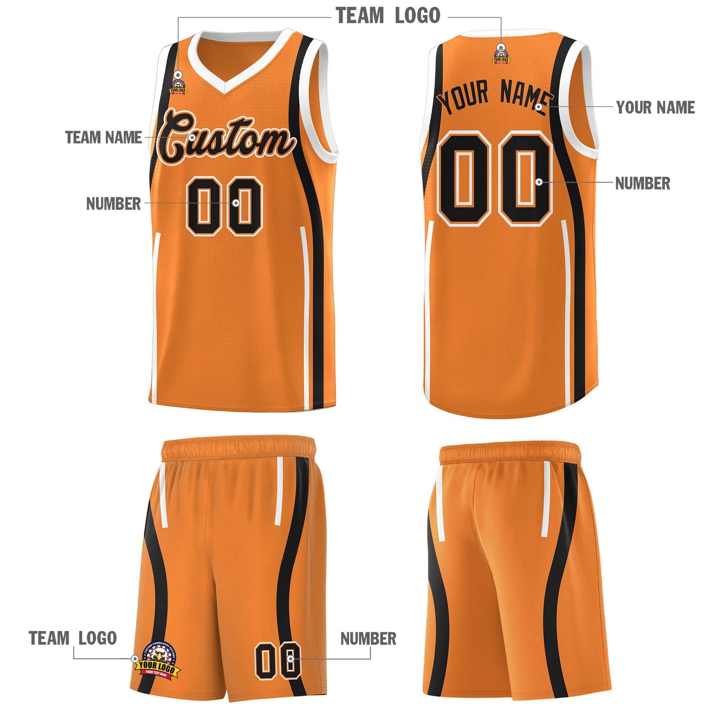 Custom Gold Orange Black-White Ribbon Pattern Basketball Kits Limited