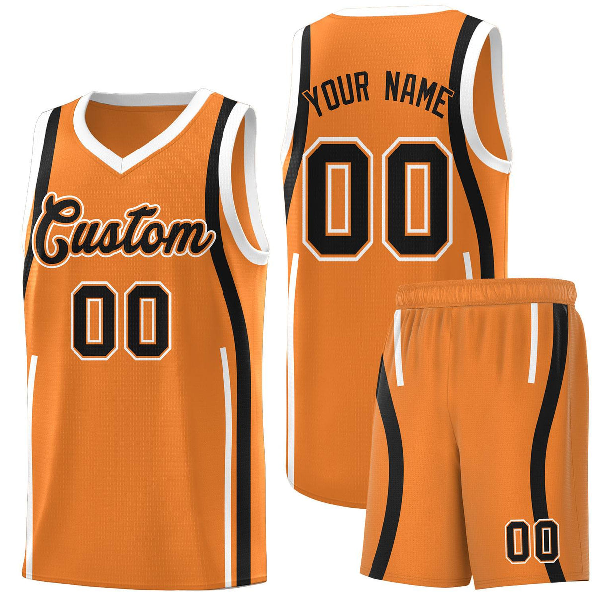 Custom Gold Orange Black-White Ribbon Pattern Basketball Kits