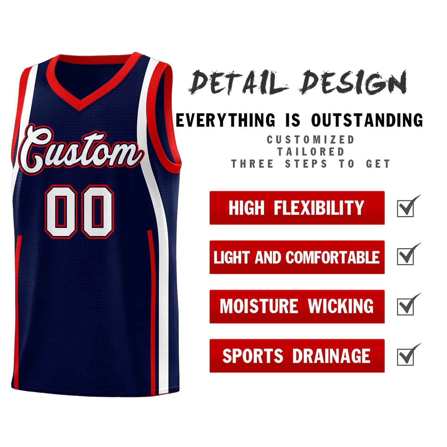 Custom Navy Red-White Ribbon Pattern Basketball Kits Limited