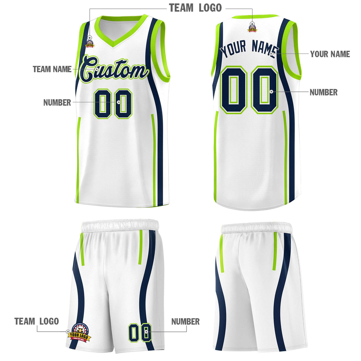 Custom White Fluorescent Green-Navy Ribbon Pattern Basketball Kits Limited