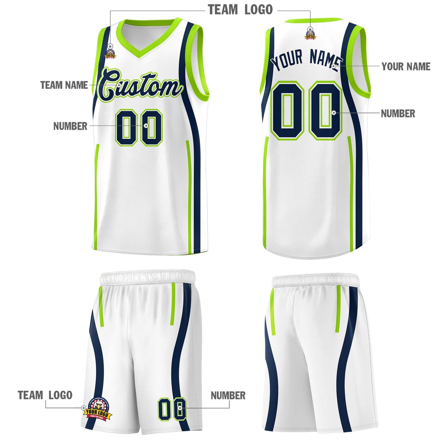 Custom White Fluorescent Green-Navy Ribbon Pattern Basketball Kits Limited