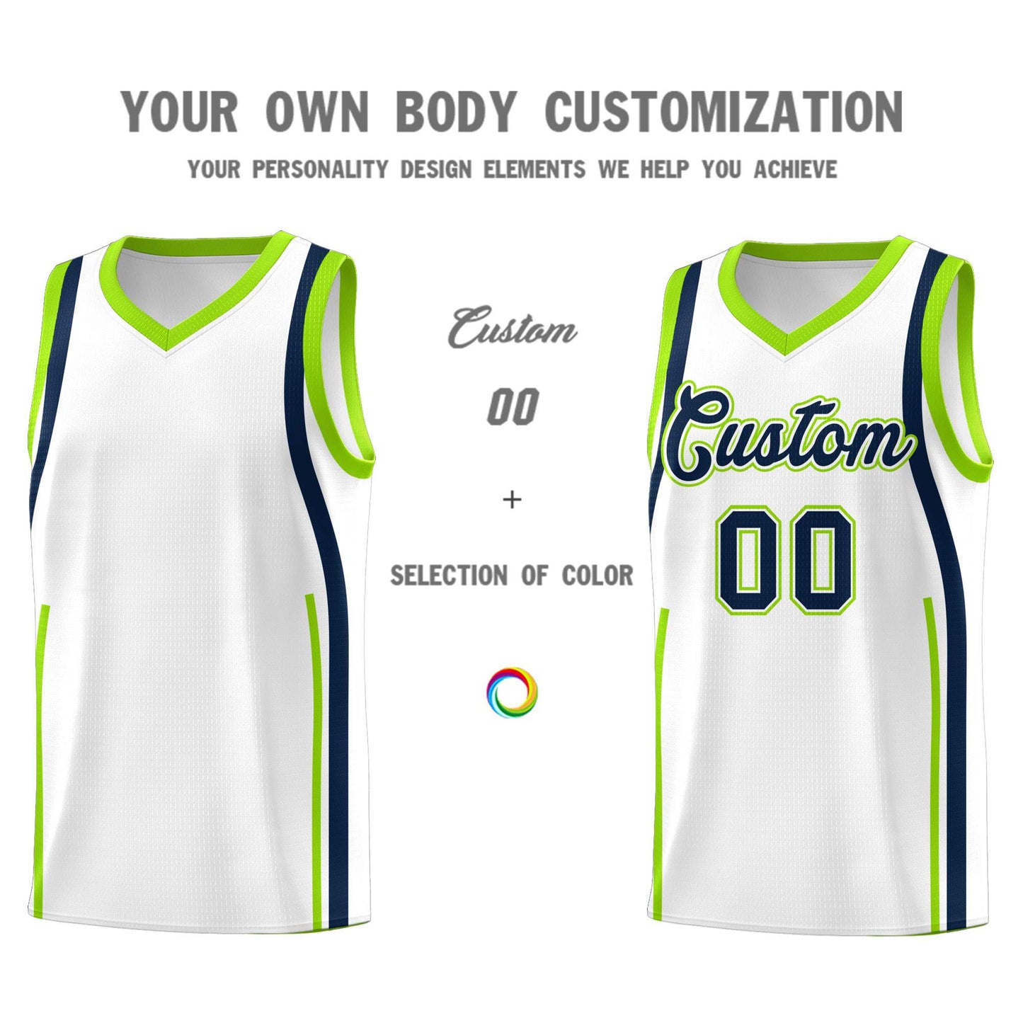 Custom White Fluorescent Green-Navy Ribbon Pattern Basketball Kits Limited