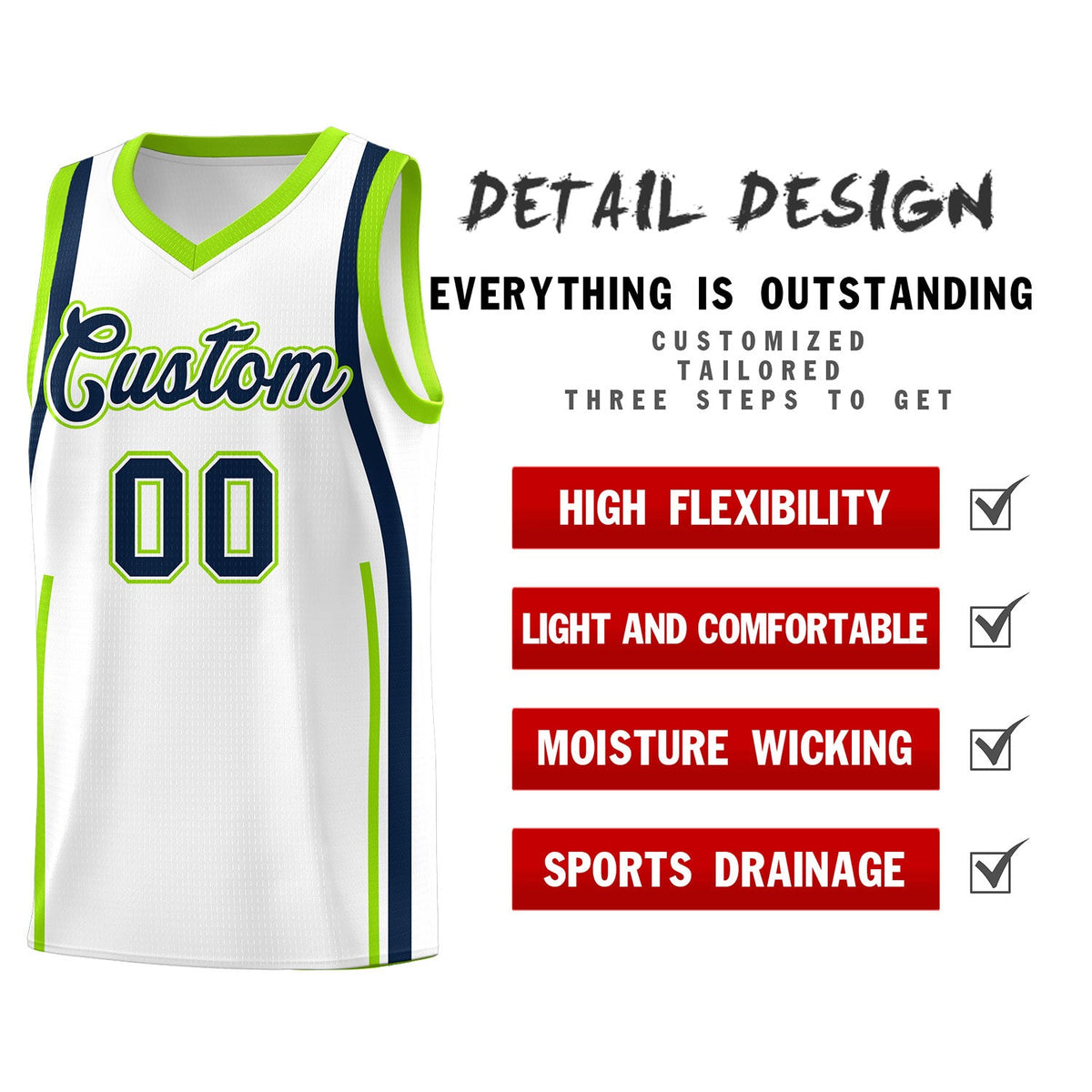 Custom White Fluorescent Green-Navy Ribbon Pattern Basketball Kits Limited