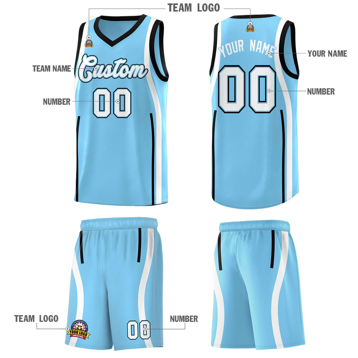 Custom Light Blue Black-White Ribbon Pattern Basketball Kits Limited