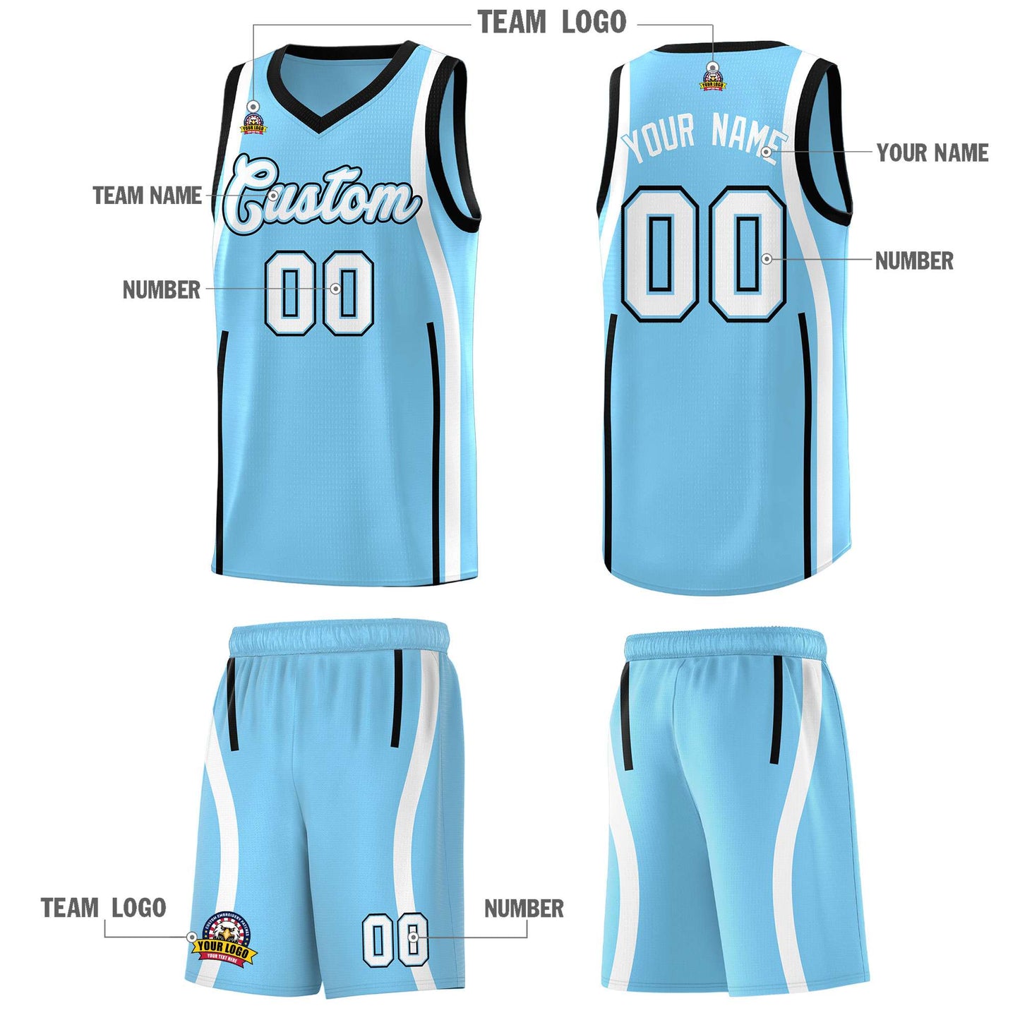 Custom Light Blue Black-White Ribbon Pattern Basketball Kits Limited
