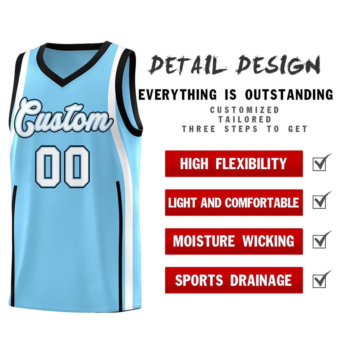 Custom Light Blue Black-White Ribbon Pattern Basketball Kits Limited