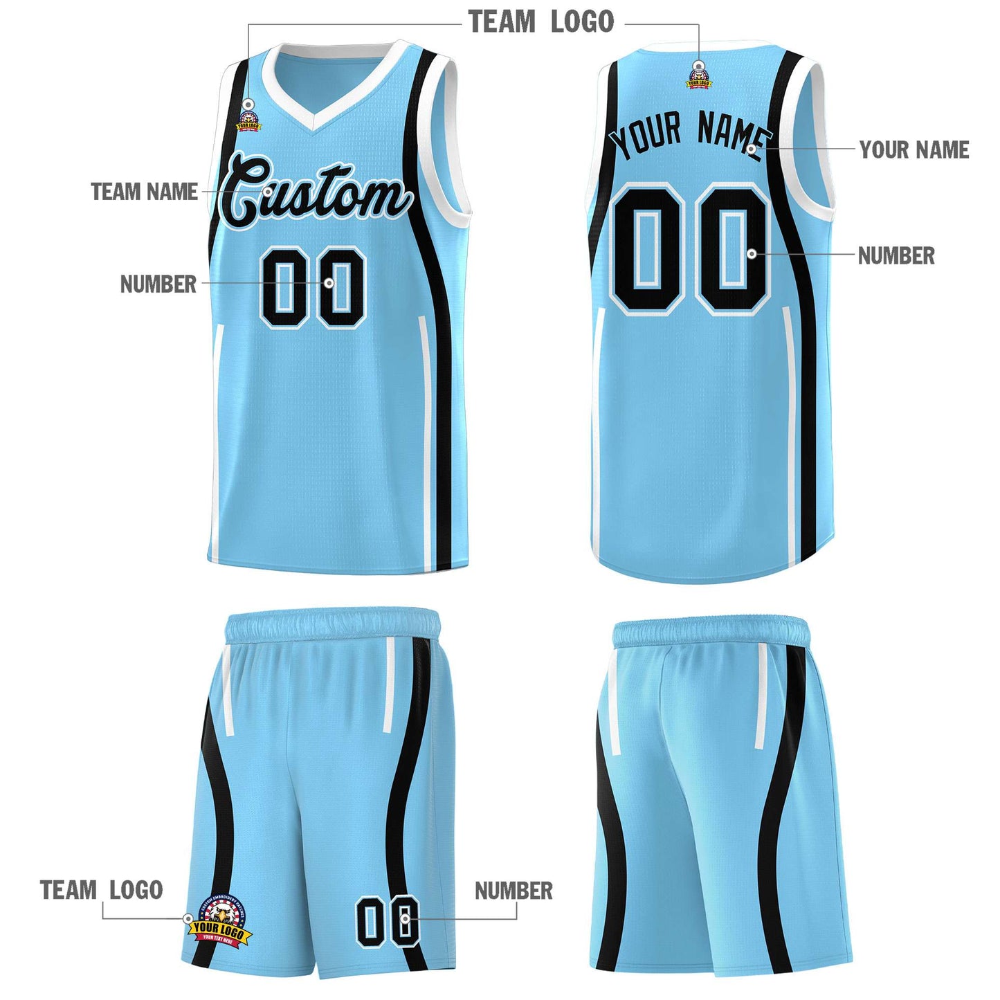 Custom Light Blue Black-White Ribbon Pattern Basketball Kits Limited