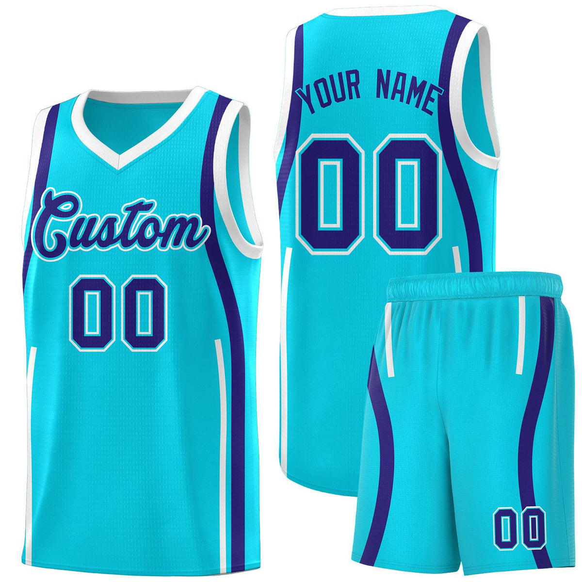 Custom Sky Blue Royal-White Ribbon Pattern Basketball Kits