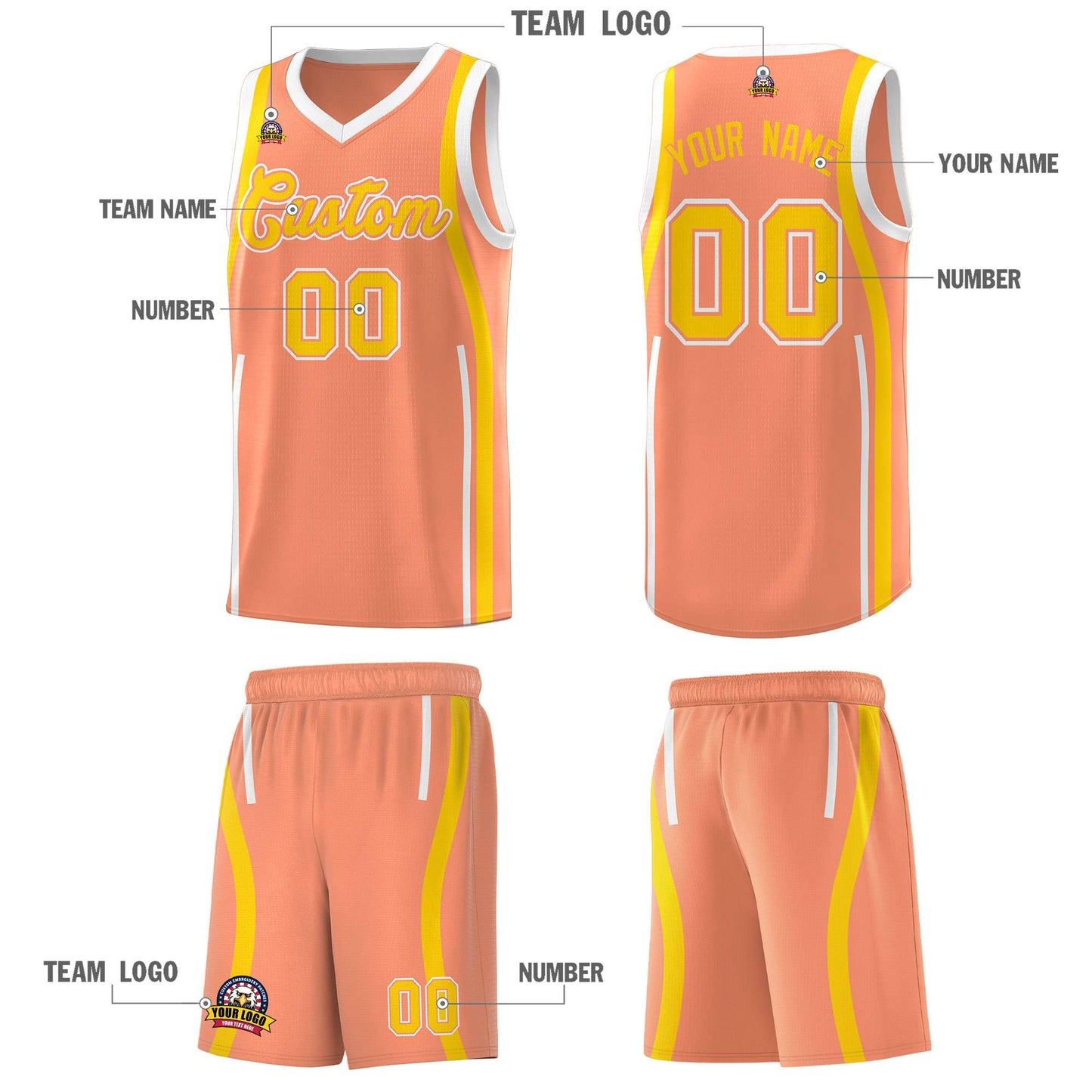Custom Light Orange Gold-White Ribbon Pattern Basketball Kits Limited
