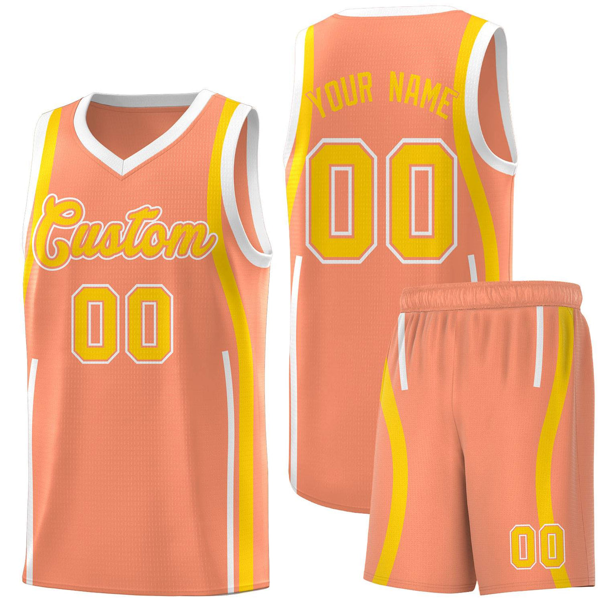 Custom Light Orange Gold-White Ribbon Pattern Basketball Kits