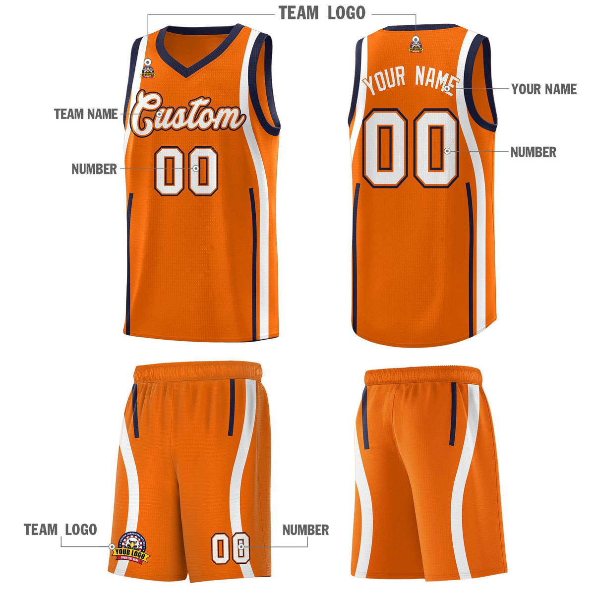 Custom Orange Navy-White Ribbon Pattern Basketball Kits Limited