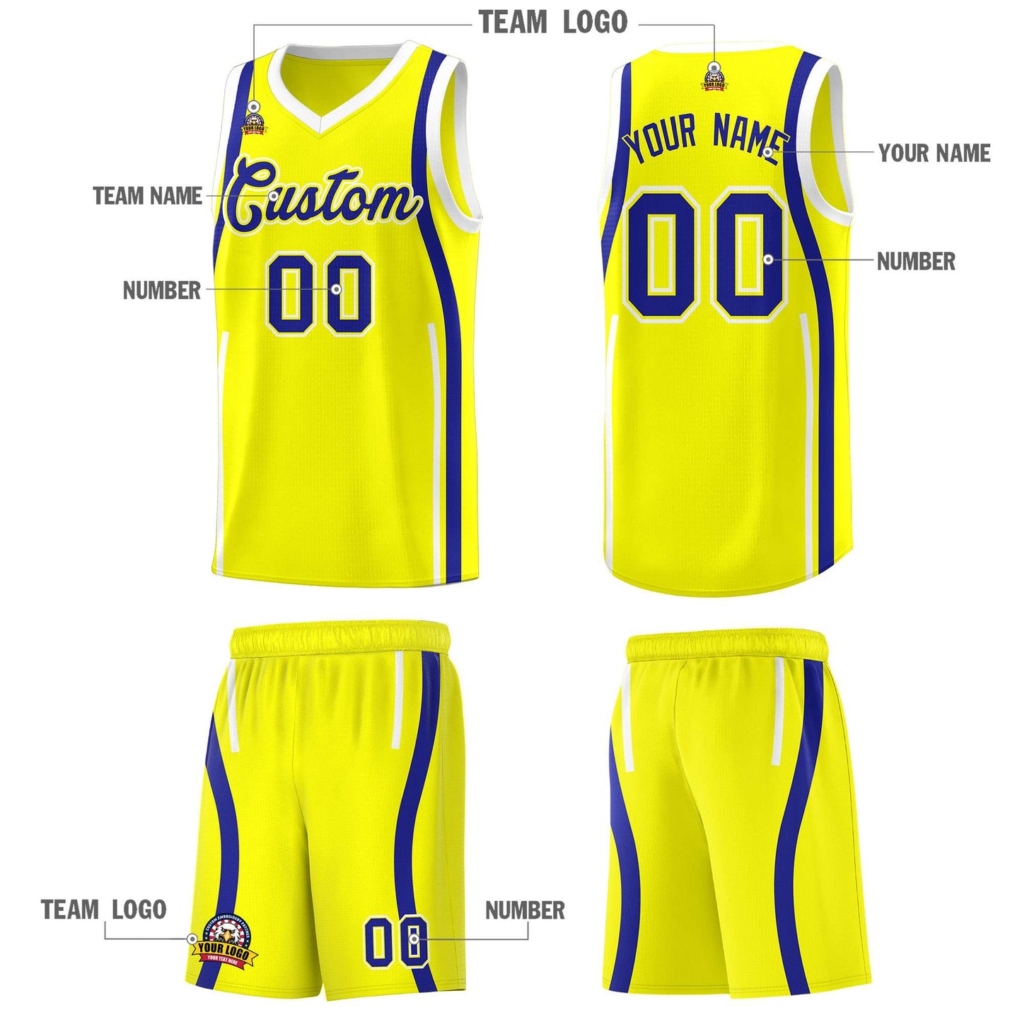 Custom Fluorescent Yellow Royal-White Ribbon Pattern Basketball Kits Limited