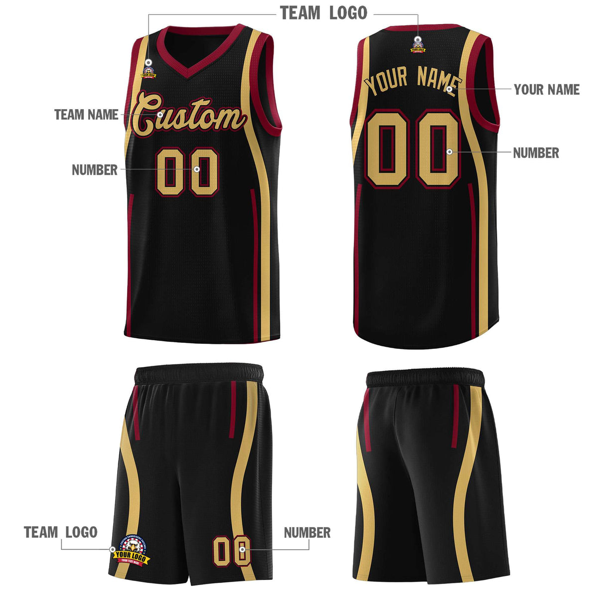 Custom Black Crimson-Old Gold Ribbon Pattern Basketball Kits Limited