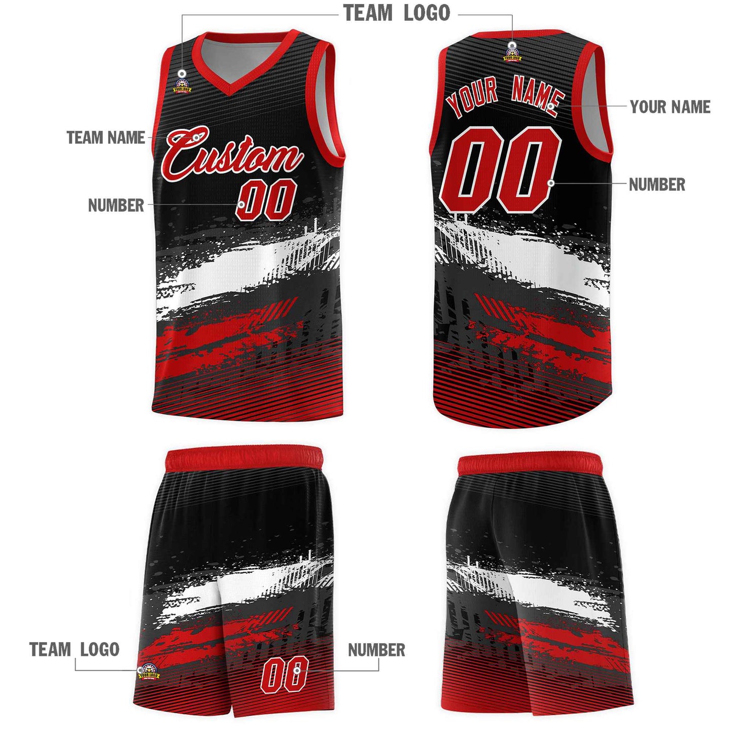 Custom Black White and Red Graffiti Pattern Sports Uniform Basketball Jersey Limited