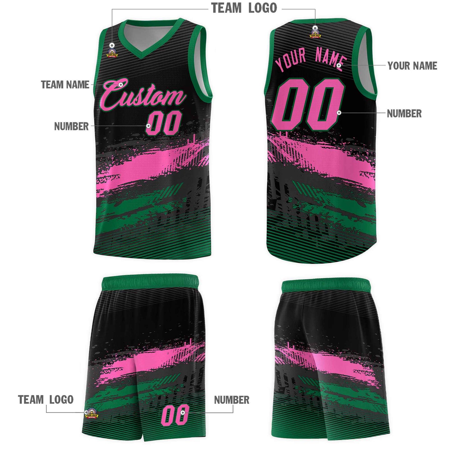 Custom Black Pink and Kelly Green Graffiti Pattern Sports Uniform Basketball Jersey Limited