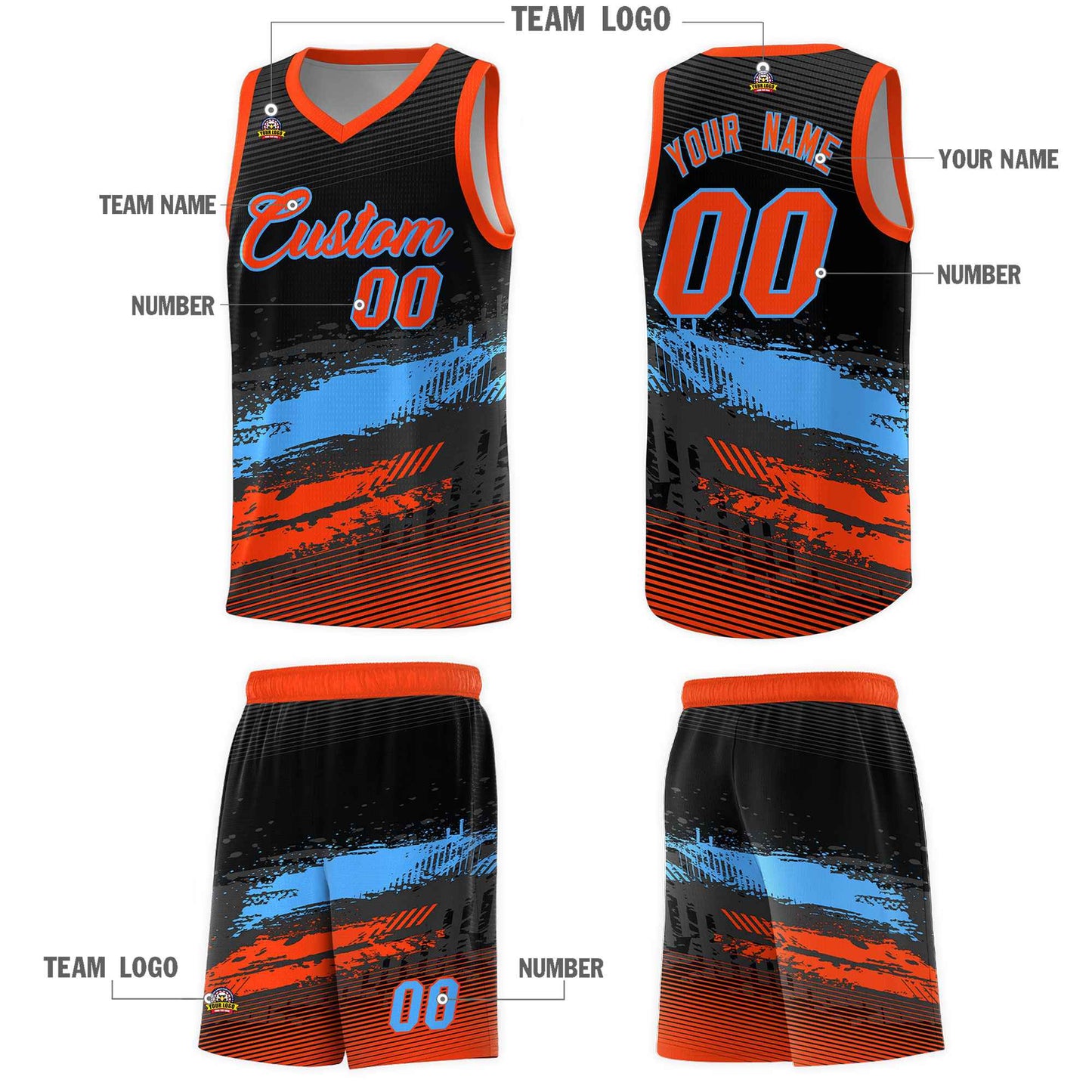 Custom Black Powder Blue and Orange Graffiti Pattern Sports Uniform Basketball Jersey Limited