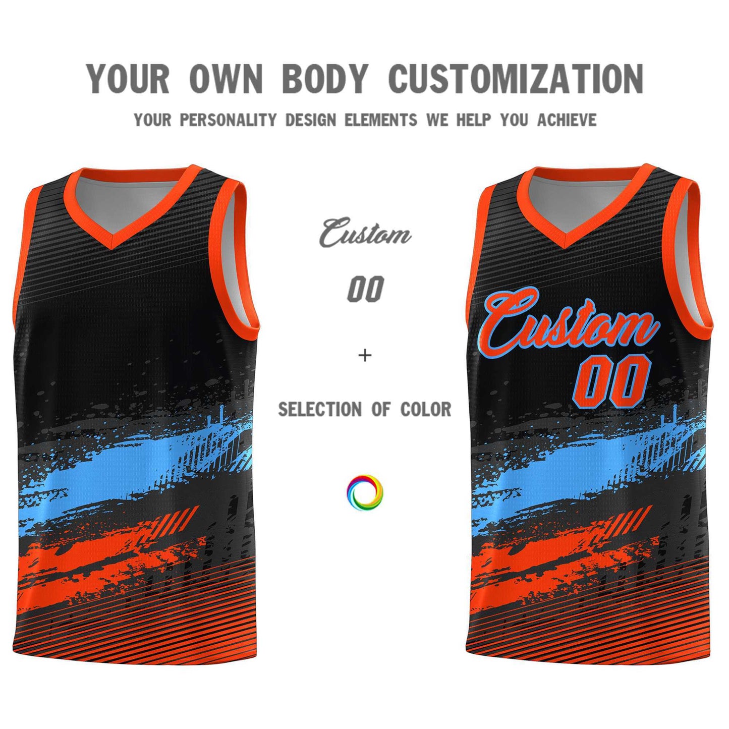Custom Black Powder Blue and Orange Graffiti Pattern Sports Uniform Basketball Jersey Limited