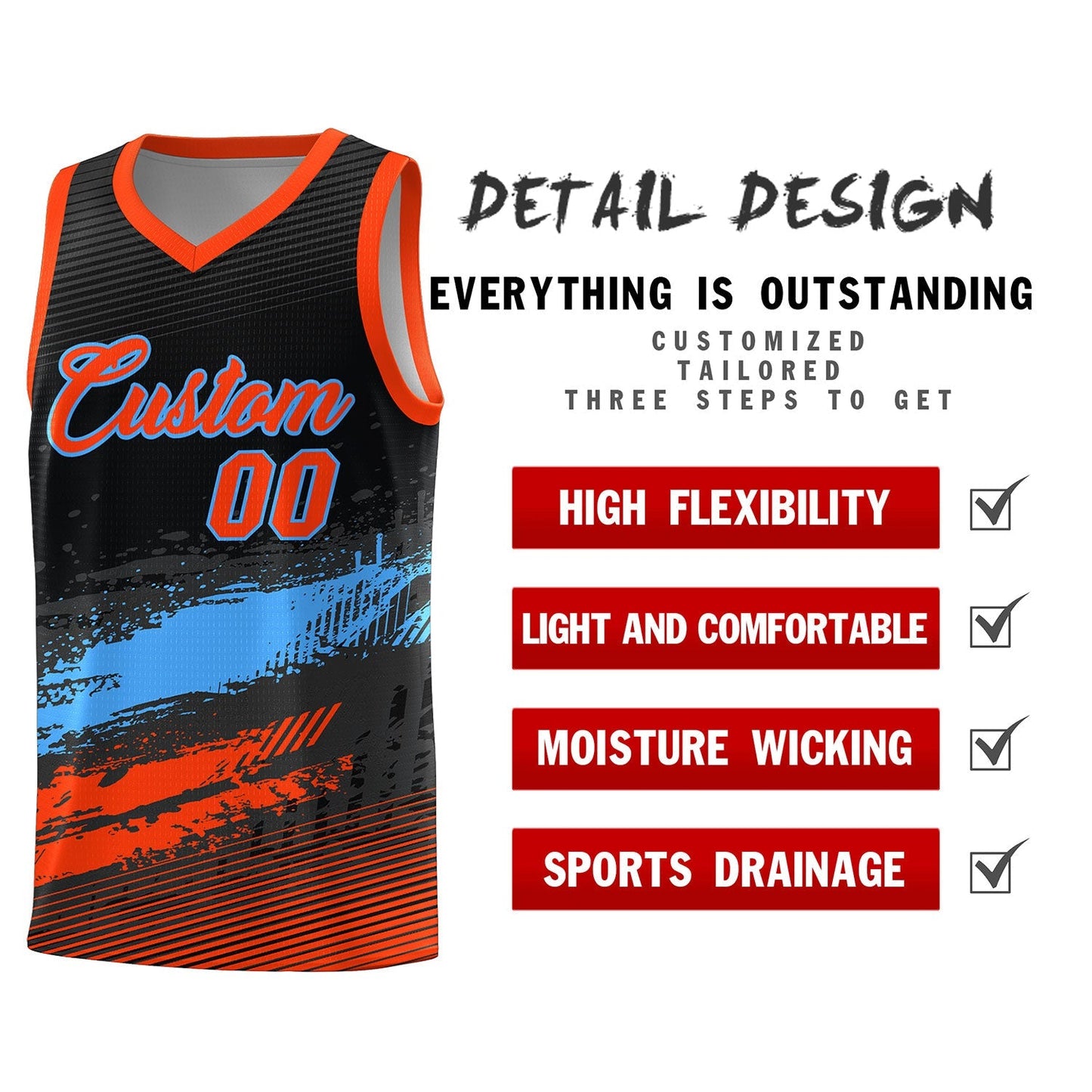 Custom Black Powder Blue and Orange Graffiti Pattern Sports Uniform Basketball Jersey Limited