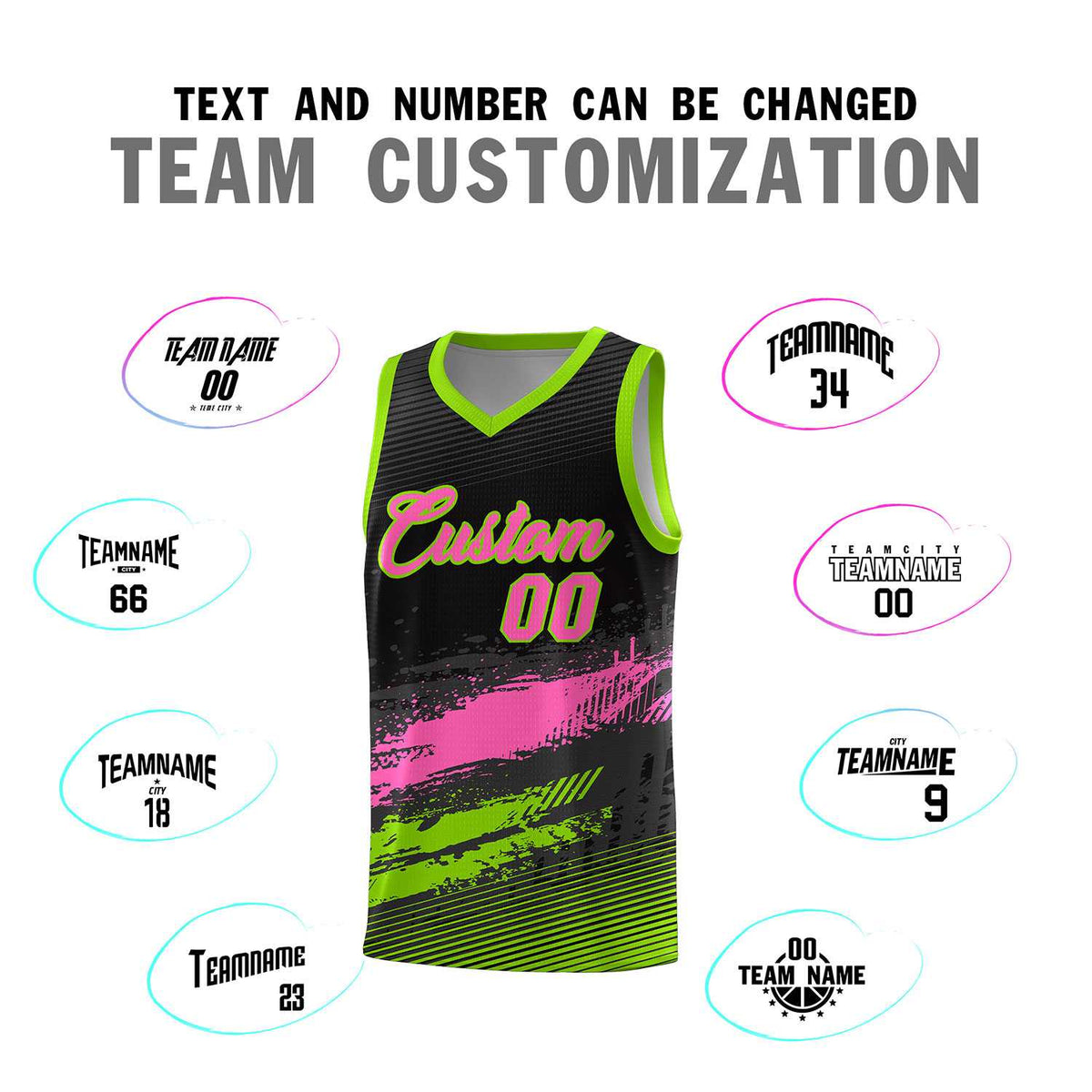 Custom Black Pink and Neon Green Graffiti Pattern Sports Uniform Basketball Jersey Limited