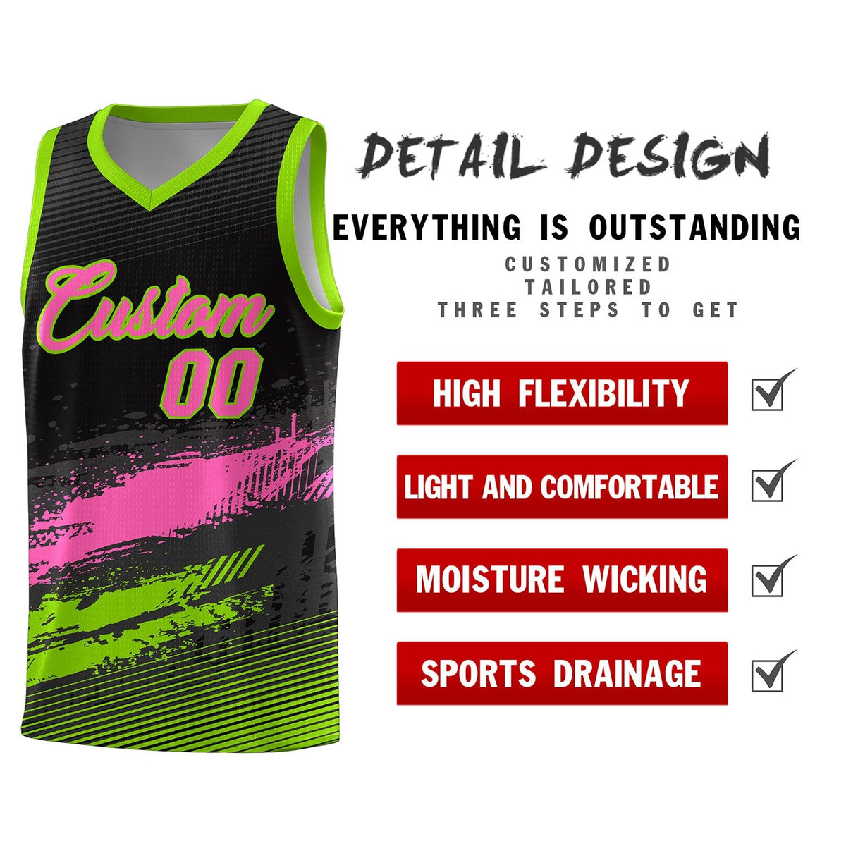 Custom Black Pink and Neon Green Graffiti Pattern Sports Uniform Basketball Jersey Limited