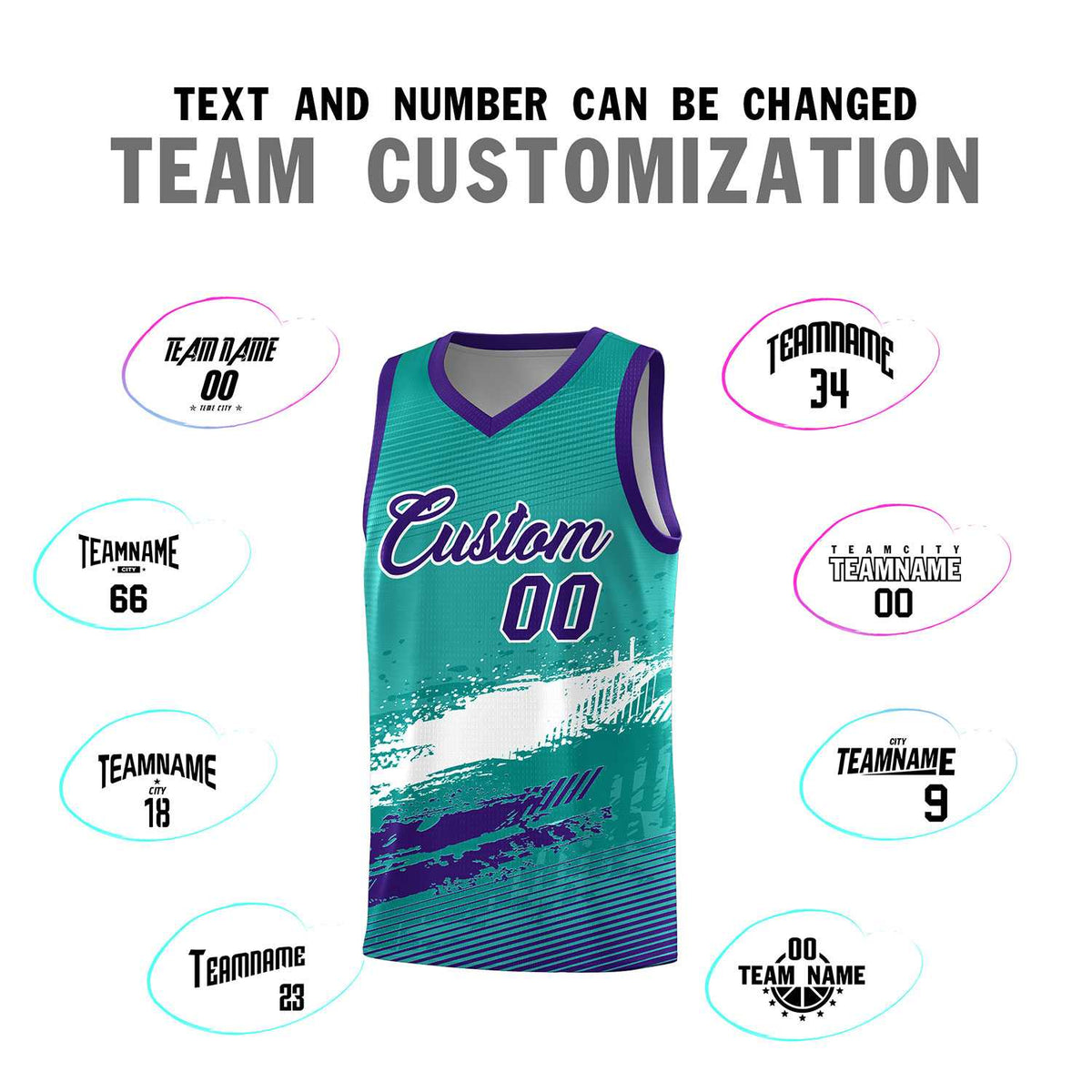 Custom Aqua White and Purple Graffiti Pattern Sports Uniform Basketball Jersey Limited