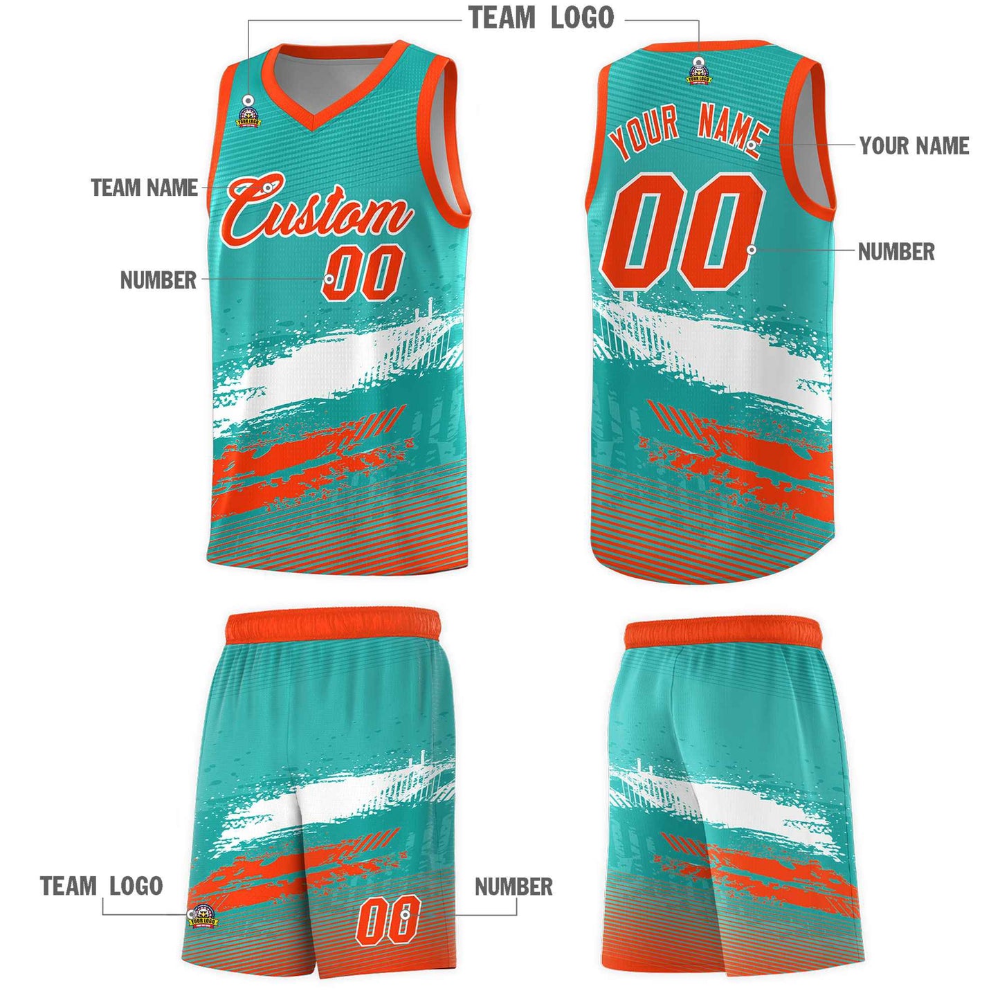 Custom Aqua White and Orange Graffiti Pattern Sports Uniform Basketball Jersey Limited