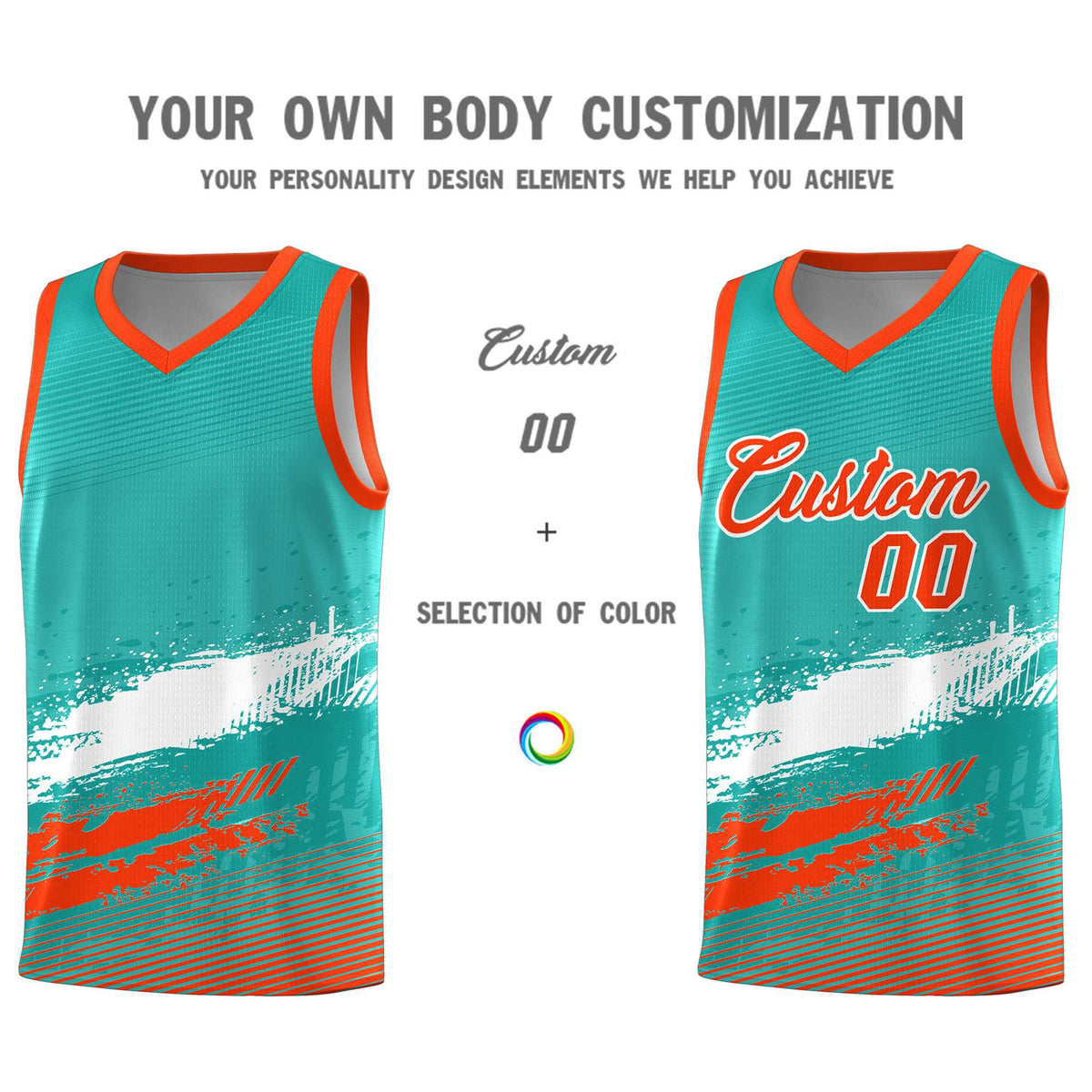 Custom Aqua White and Orange Graffiti Pattern Sports Uniform Basketball Jersey Limited
