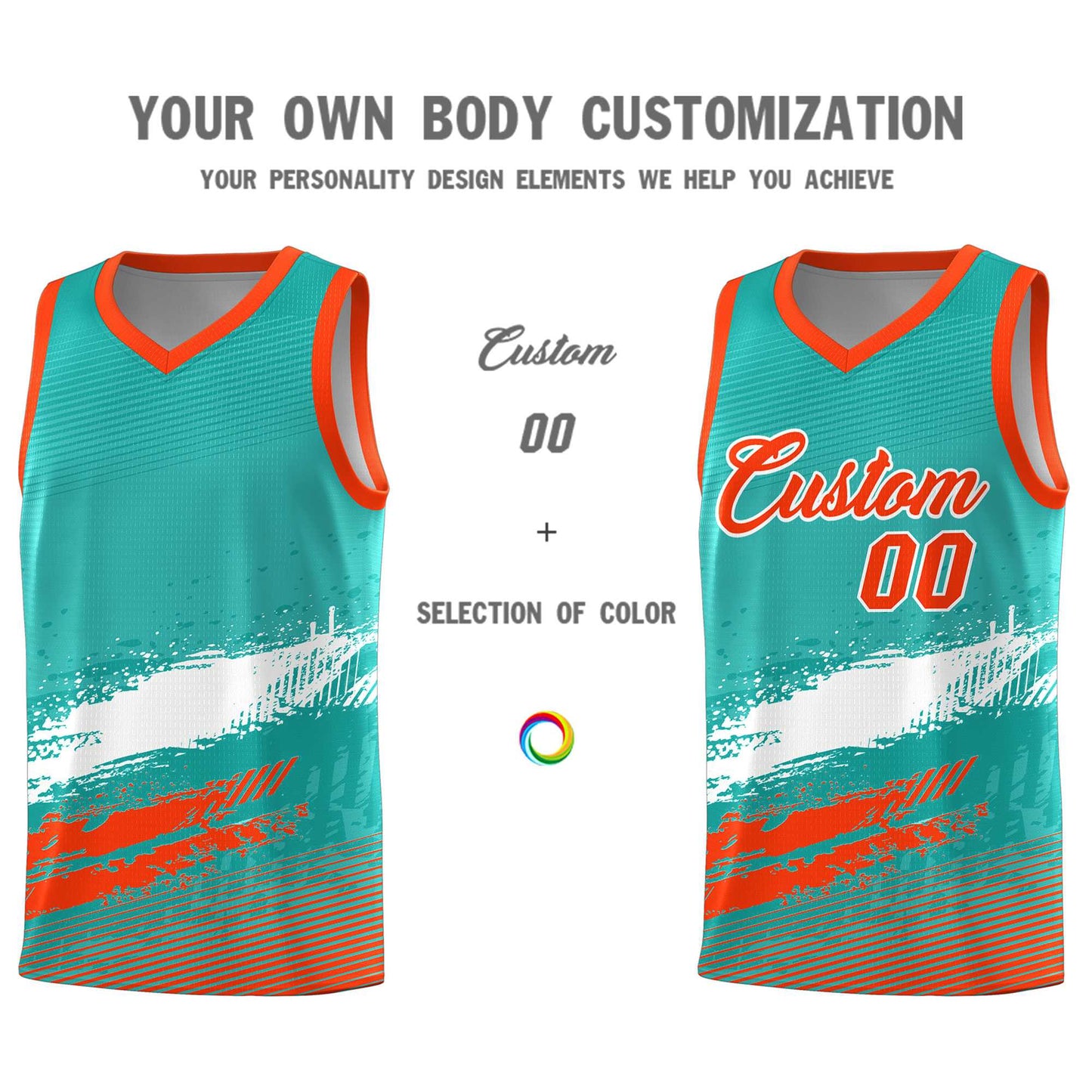 Custom Aqua White and Orange Graffiti Pattern Sports Uniform Basketball Jersey Limited
