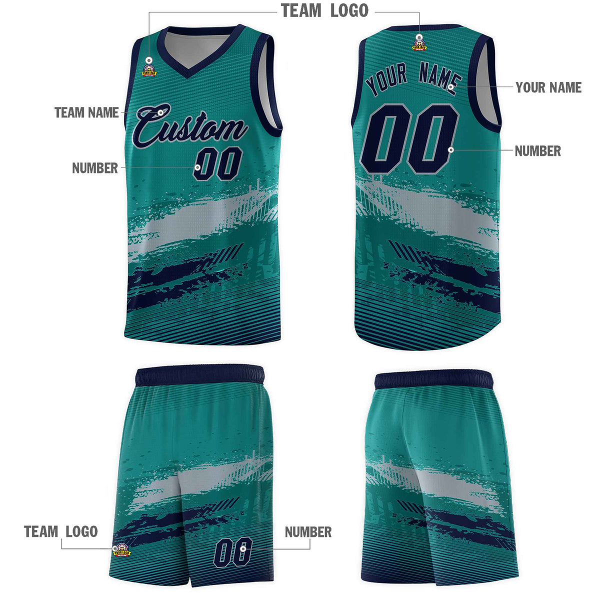 Custom Aqua Gray and Navy Graffiti Pattern Sports Uniform Basketball Jersey Limited