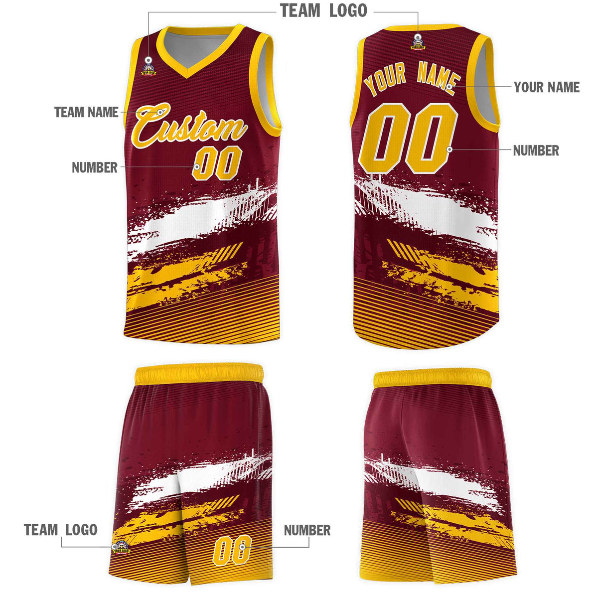 Custom Crimson White and Yellow Graffiti Pattern Sports Uniform Basketball Jersey Limited