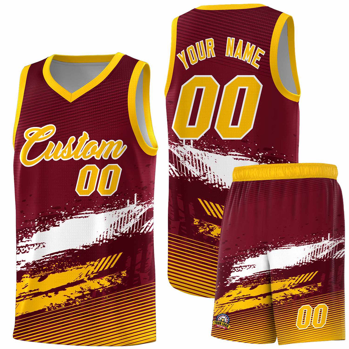 Custom Crimson White and Yellow Graffiti Pattern Sports Uniform Basketball Jersey
