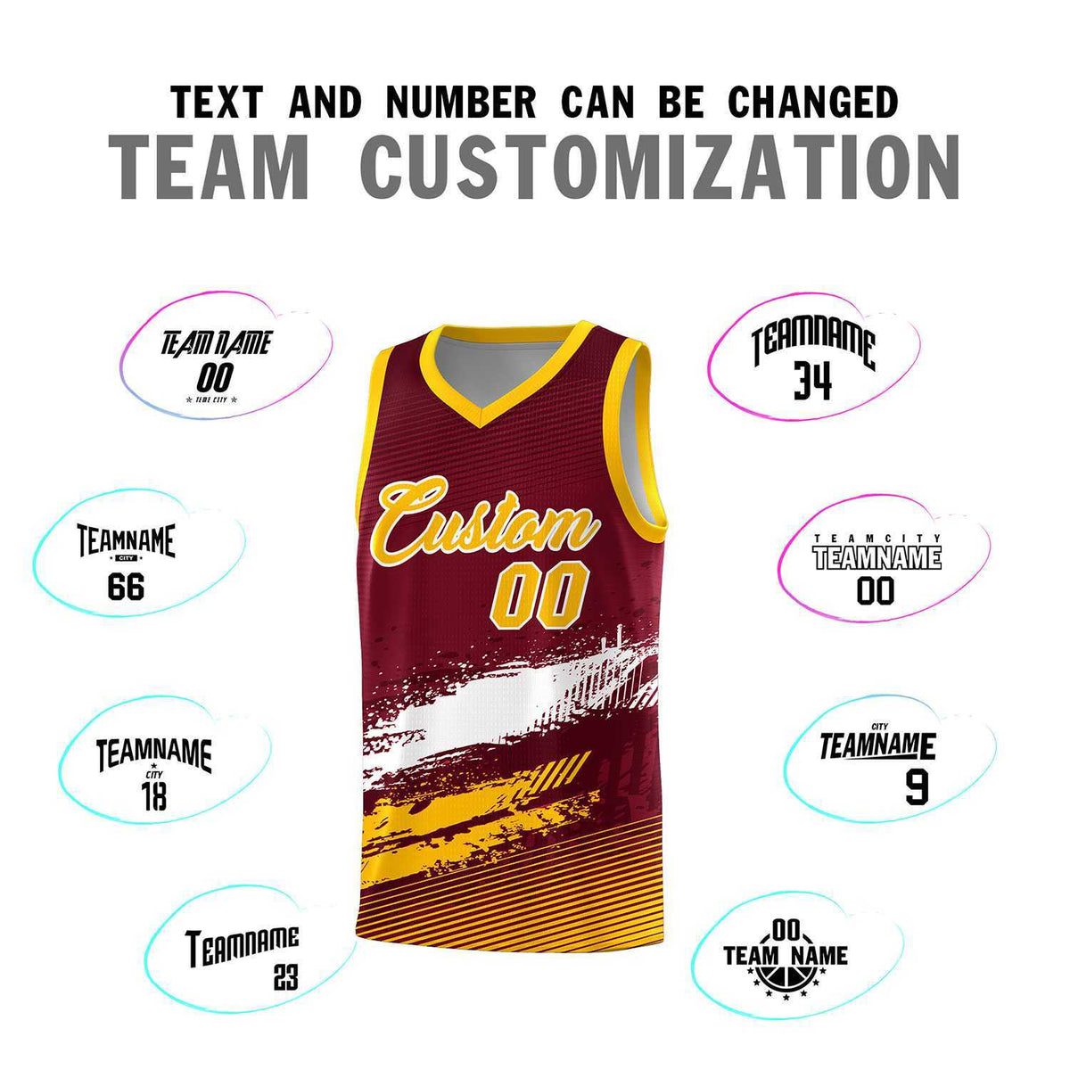 Custom Crimson White and Yellow Graffiti Pattern Sports Uniform Basketball Jersey Limited